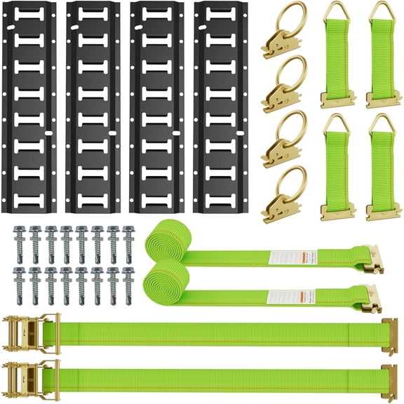 E-Track Tie Down Rail Kit Cargo Management System - 4 Rails,4 Rope Tie-Offs,4 O-Ring Anchors,2 x 15ft Ratchet Straps Heavy Duty for Cargo ,Enclosed ,Garages Transport