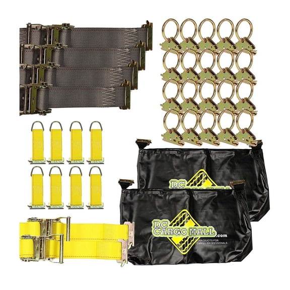"""E-Track TieDown Kit: 20 O Rings, 10 TieOffs, 6 Ratchet Straps, 2 ETrack Bags. Ideal TieDown Accessories Package for Trucks, Trailers, Warehouse, Boat, Dock. E-Track NOT included."""