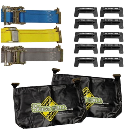 """E-Track Tiedown Kit: (2)20' Ratchet Straps, (2)16' Ratchet Straps, (2)12' Cam Buckle Straps, 10 E-Track End Caps, 2 E-Track Bags. Value Trailer Accessories. E-Track Rails NOT Included."""