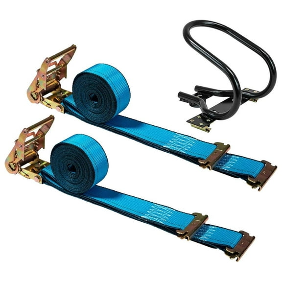 E-Track Wheel Chock & Strap Kit – 2PK 2" x 20' Tie Down E Track Straps with Spring E-Fittings, & Motorcycle Trailer Mount for E-Track Fits with 7" Wide Tires
