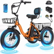 ESKUTE T300 E Trike Electric Tricycle for Adults, 750W Brushless Motor 18MPH Fat Tire Folding Trike, Step-Thru 3 Wheel Electric Bicycle, Orange with Phone Holder Bag & Mirrors & Lock, UL2849