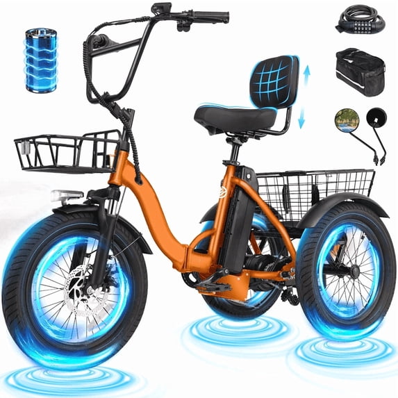 ESKUTE T300 E Trike Electric Tricycle for Adults, 750W Brushless Motor 18MPH Fat Tire Folding Trike, Step-Thru 3 Wheel Electric Bicycle, Orange with Phone Holder Bag & Mirrors & Lock, UL2849