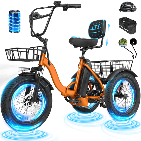 T300 E Trike Electric Tricycle for Adults, 750W Brushless Motor 18MPH+ Fat Tire Folding Trike, Step-Thru 3 Wheel Electric Bicycle, Up to 55 Miles Orange with Phone Holder Bag & Mirrors & Lock