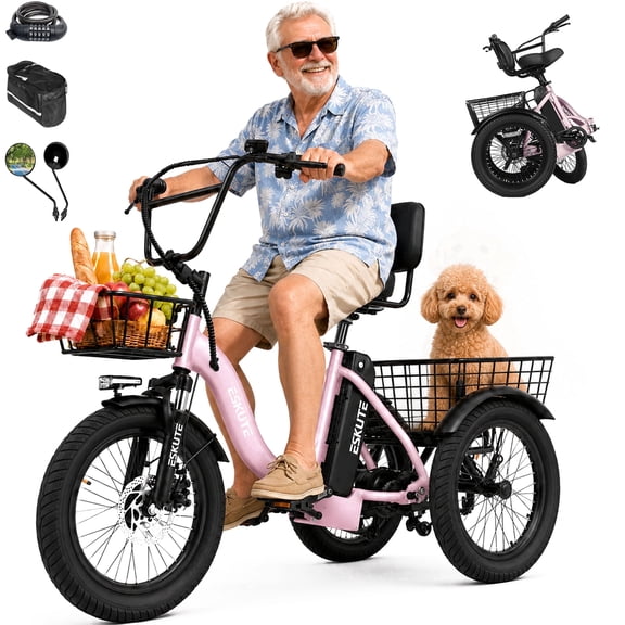 ESKUTE T300 E Trike Electric Tricycle for Adults, 750W Brushless Motor 18MPH+ Fat Tire Folding Trike, Step-Thru 3 Wheel Electric Bicycle, Pink with Phone Holder Bag & Mirrors & Lock, UL2849