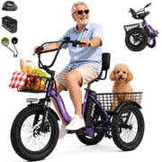 ESKUTE T300 E Trike Electric Tricycle for Adults, 750W Brushless Motor 18MPH+ Fat Tire Folding Trike, Step-Thru 3 Wheel Electric Bicycle, Purple with Phone Holder Bag & Mirrors & Lock, UL2849