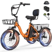 E Trike Electric Tricycle for Adults   750W Motor, 18 MPH, Fat Tire Folding 3-Wheel Electric Tricycle, Step-Thru, Up to 55 Miles, Orange with Phone Holder Bag, Mirrors & Lock