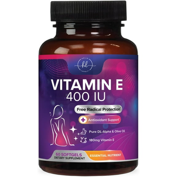 Vitamin E 400 IU (180 mg) - Powerful Hair & Skin Support Supplement - dl-Alpha VitaminE Immune Health Support with Antioxidants - Bottled in USA, Easily Absorbed, Non-GMO & Gluten Free - 60 Softgels