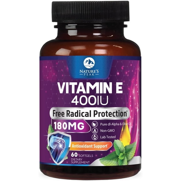 Vitamin E 400 IU Softgels - E Vitamin 180mg DL-Alpha, Antioxidant-Rich Dietary Supplement for Skin, Heart, and Immune Support, Bottled in USA, Easily Absorbed, Non-GMO & Gluten Free - 60 Softgels