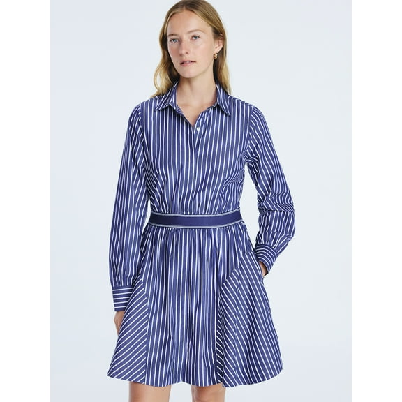 Free Assembly Women's Cotton Mini Shirtdress with Long Sleeves, Sizes XS- XXL