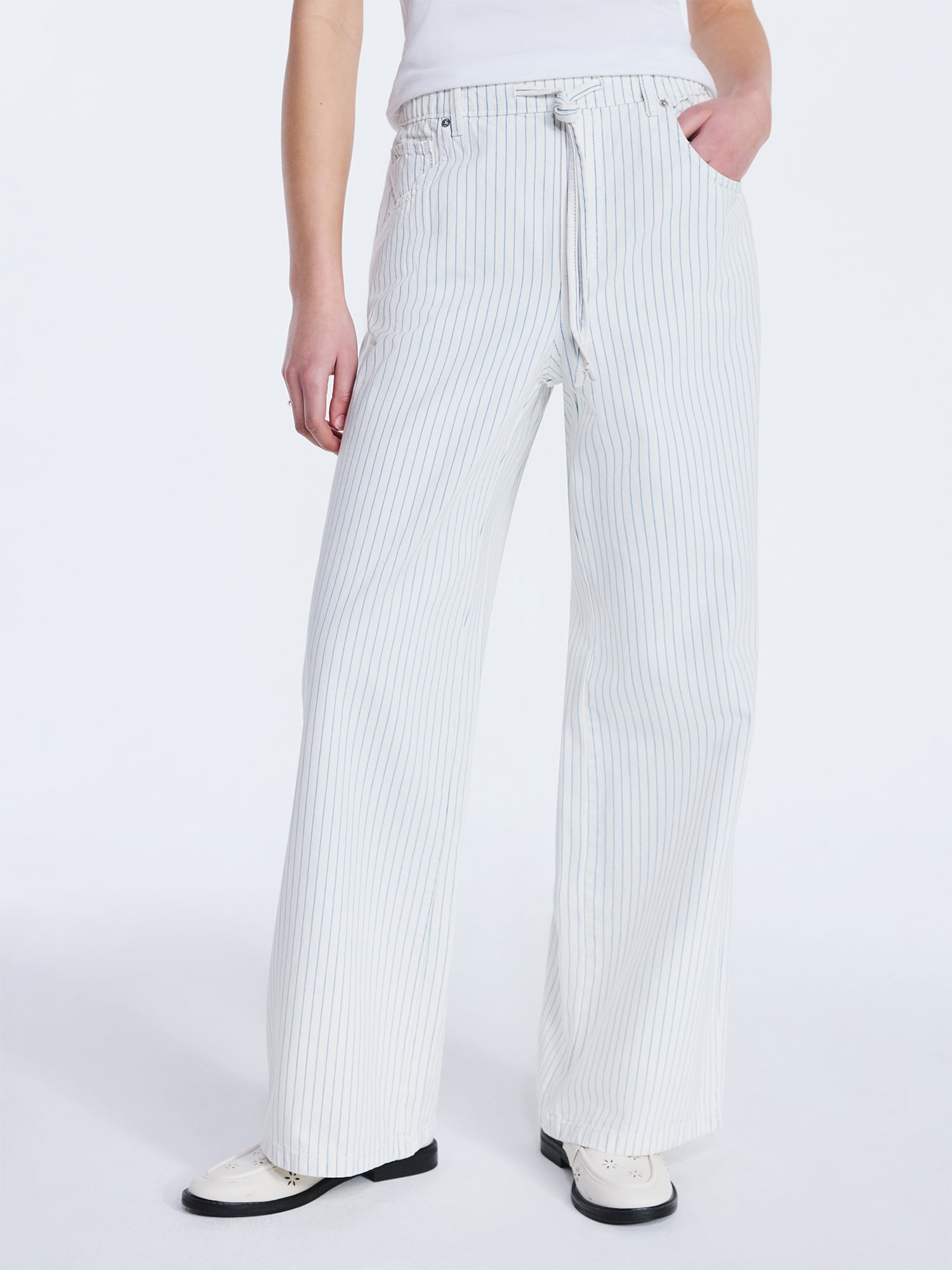 Women's and Women's Plus Striped Wide Leg Relaxed Jeans with Elastic Waist, Sizes XS-4X