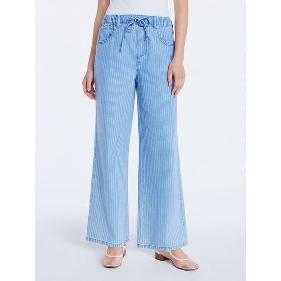 Free Assembly Women's and Women's Plus Striped Wide Leg Relaxed Jeans with Elastic Waist, Sizes XS-4X