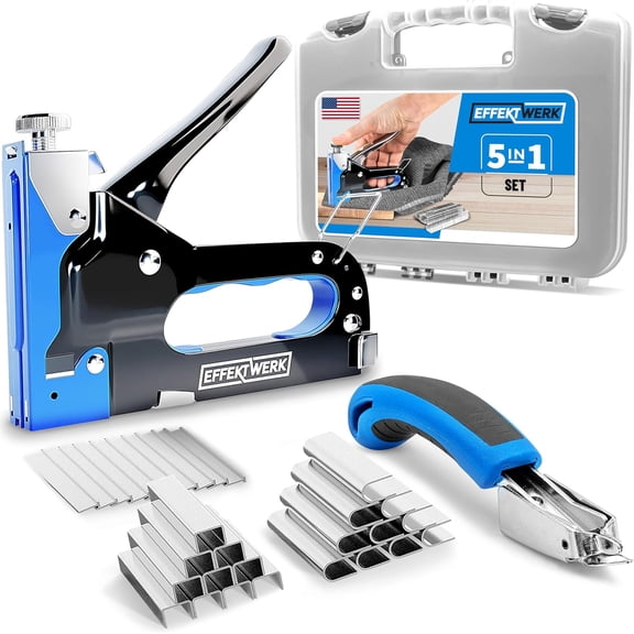 EWerk - 5-in-1 Staple Gun Set - Heavy-Duty Stapler w/ 1500 Staples & Staple Remover for Wood, Fabric, Carpet & Wire Mesh - Hand Tacker w/Power Adjustment for Construction, Crafts & Upholstery Work