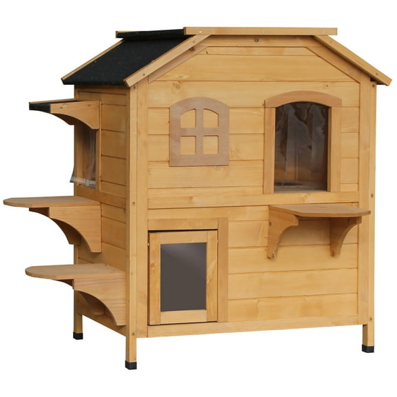 E-Western 2-Story Weatherproof Wooden Cat House with Escape Door, Openable Roof & Jumping Platforms - Perfect for Feral Cats, Natural Wood, 35" L x 29.1" W x 6.2" H