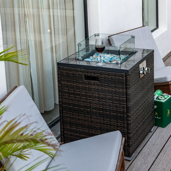 E-Western 24-Inch Propane Gas Fire Pit Table with Wicker Base BTU 50000 Includes Windshield for Outdoor Patio Garden Deck