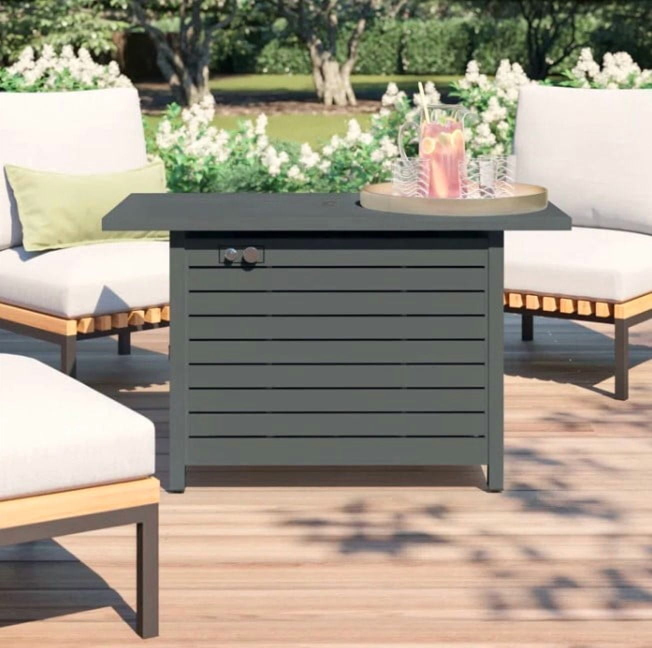 E-Western 25 H x 42 W Outdoor Propane Fire Pit Table with Lid in Gray, Steel, Weather-Resistant, Adjustable Flame, 50000 BTU, Includes Cover and Batteries