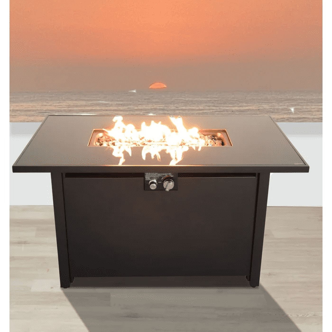 E-Western 25-Inch Steel Outdoor Fire Pit Table with Lid, Modern Design, Rust-Resistant Steel Base, Stainless Steel Top, Lava Rocks, Side Door for Gas Access, Includes Cover