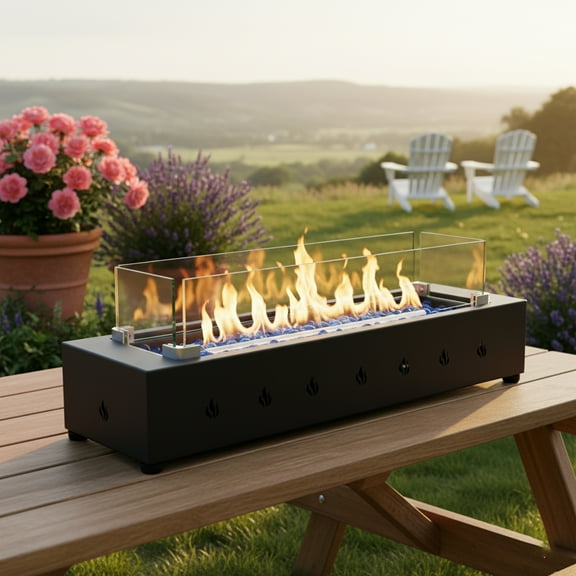 E-Western 28-Inch Rectangle Outdoor Propane Fire Pit with Wind-Resistant Glass for Steady Flames Stylish Iron Design 40000BTU Durable Patio Heating