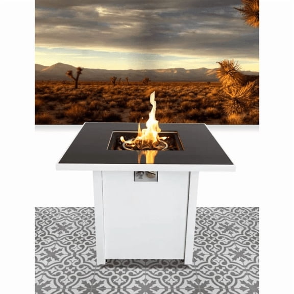 E-Western 30" Metal Fire Pit with Powder-Coated Finish and Smoked Glass Top, Adjustable Flame, Propane/Gas Compatible, Includes Lava Rocks, Cover, and Easy Assembly