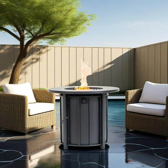 E-Western 30in Propane Fire Pit Table with Wood Grain Ceramic Top 50000 BTU Steel Frame Gas Firepit for Outdoor Patio Garden Backyard Black