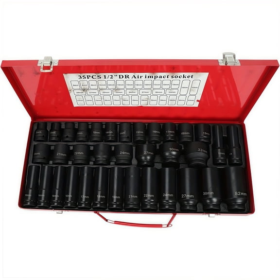 E-Western 35pcs 1/2" Impact Socket Set Chrome Vanadium Steel Deep 6Point for Automotive Repair High Torque