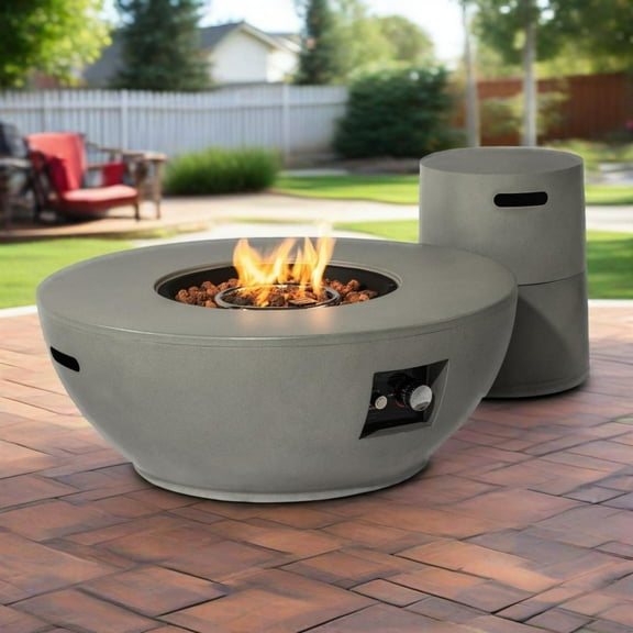 E-Western 36 Inch Propane Fire Pit Table 50000 BTU Steel Round Fire Pit with Tank Holder for Outdoor Patio Garden Backyard Grey