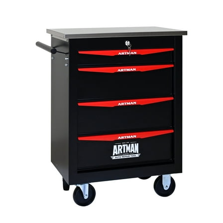 E-Western 4 Drawer Metal Tool Cart with Wheels Stainless Steel Roof Black Red Garage Workshop Storage