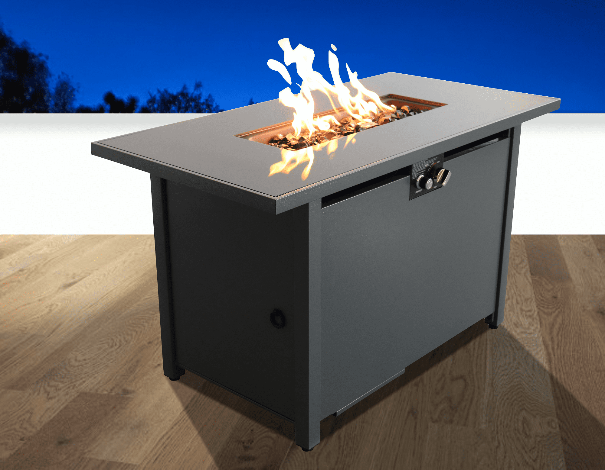 E-Western 43 Inch Smoked Glass Metal Rectangle Outdoor Fire Pit with Steel Construction and Propane Fuel for Cozy Backyard Entertainment