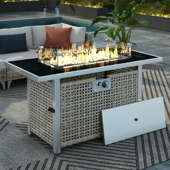 E-Western 43" Propane Gas Fire Pit Table 60000 BTU Open Weave Wicker with Glass Wind Guard for Outdoor Patio Backyard Grey
