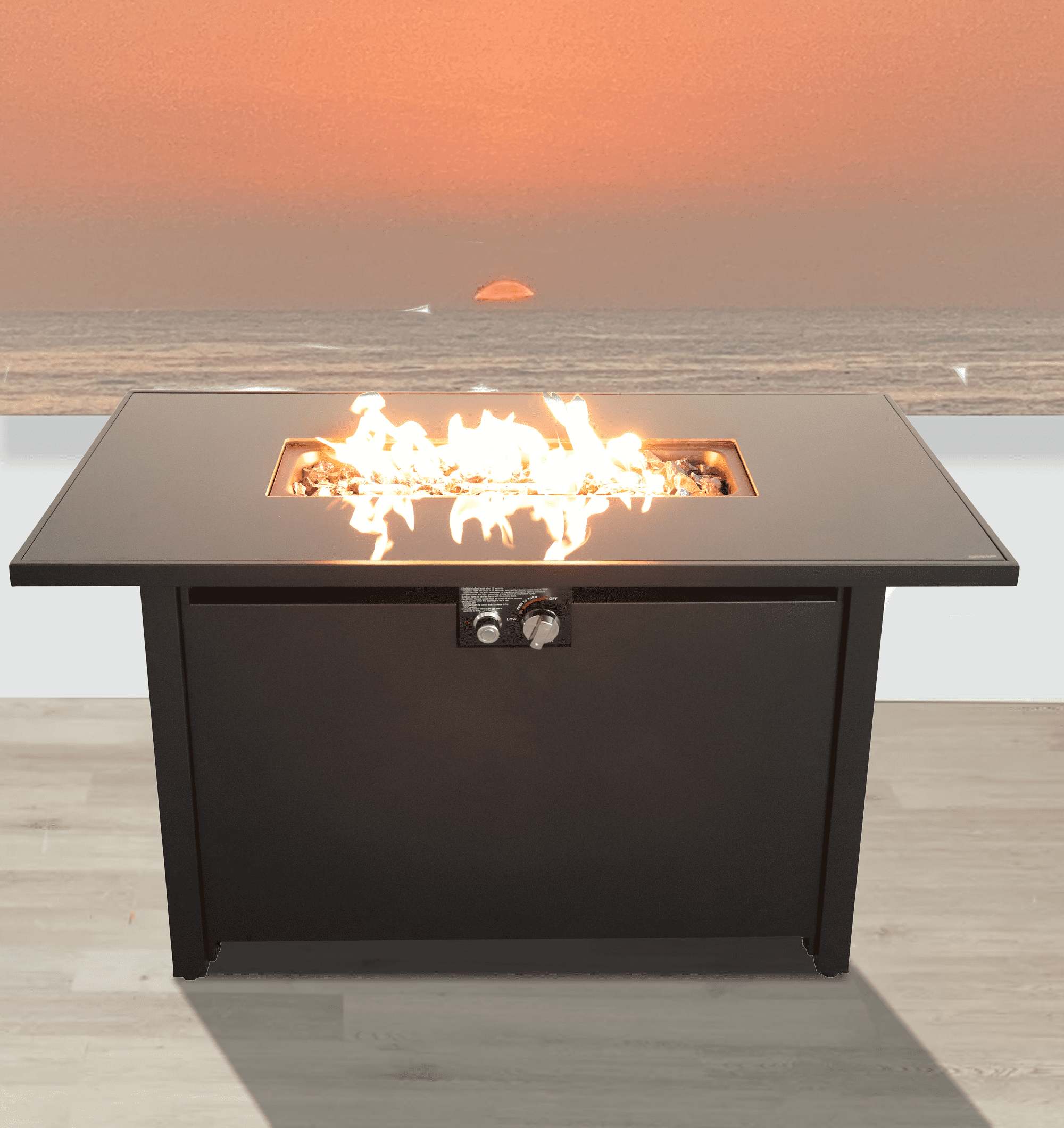 E-Western 43in Smoked Glass Metal Rectangle Fireplace in Black for Outdoor Heating