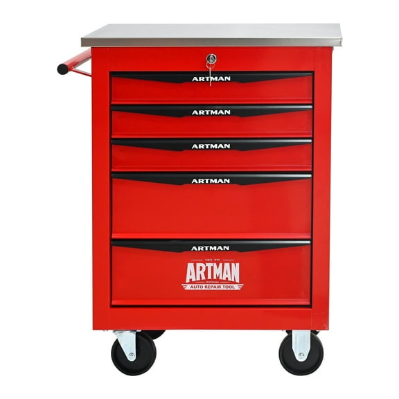 E-Western 5 Drawer Steel Tool Cart with Wheels Locking Casters Garage Workshop Storage Red and Black