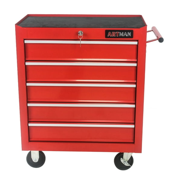 E-Western 5-Drawer Steel Tool Chest Workshop Trolley with Wheels Locking System Red 24.25x12.99x29.33 Inches