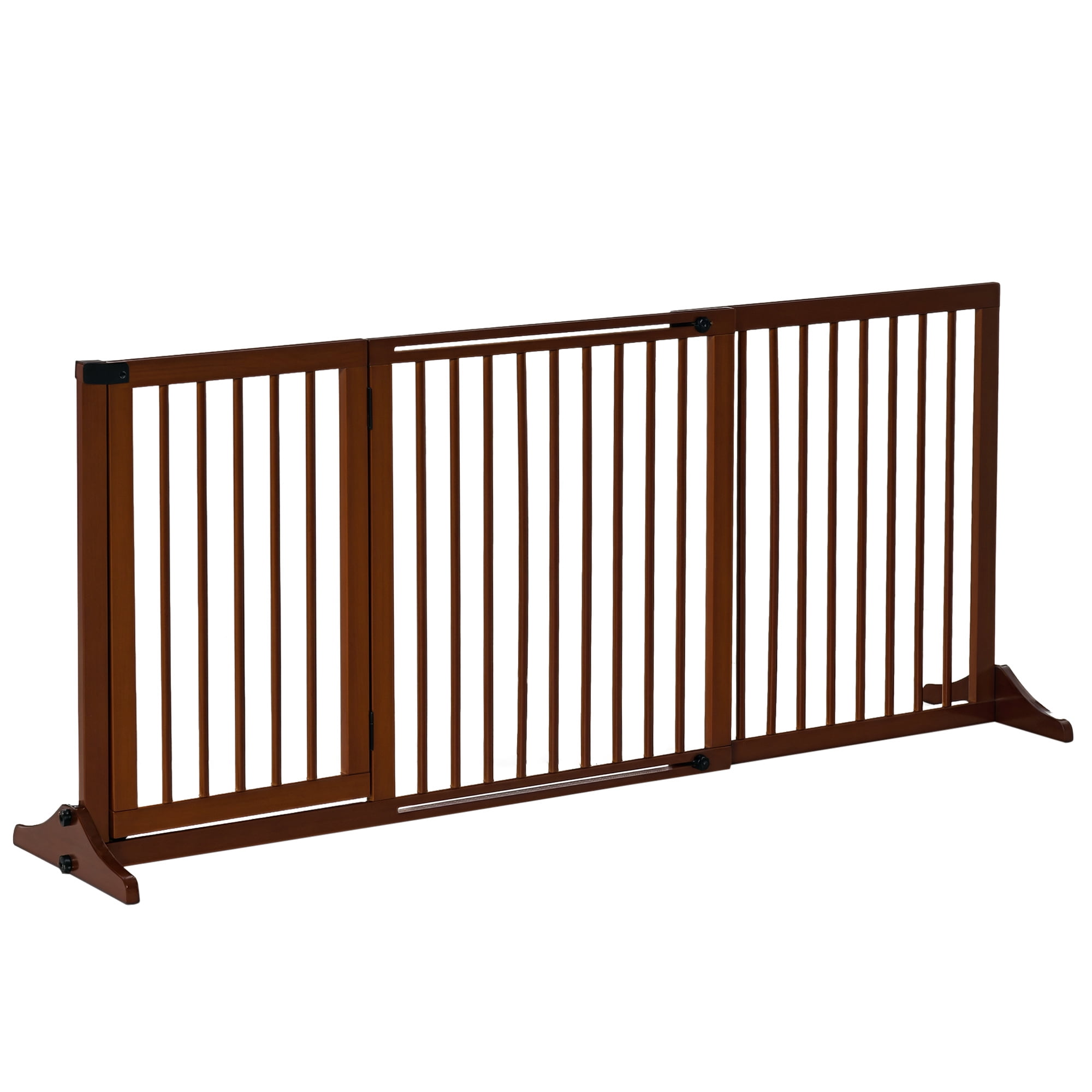 E-Western Adjustable Wooden Pet Gate, Freestanding Dog Fence for Doorway, Hall, 3 Panels, Security Barrier, Lockable Door, Brown, 44.5"-65.25" L x 14.25" H