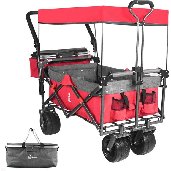 E-Western Collapsible 140L Garden Wagon with Removable Canopy, Foldable with Wheels, Cooler Bag, Extra Storage, and Adjustable Handle for Camping, Beach, Shopping, and Outdoor Use