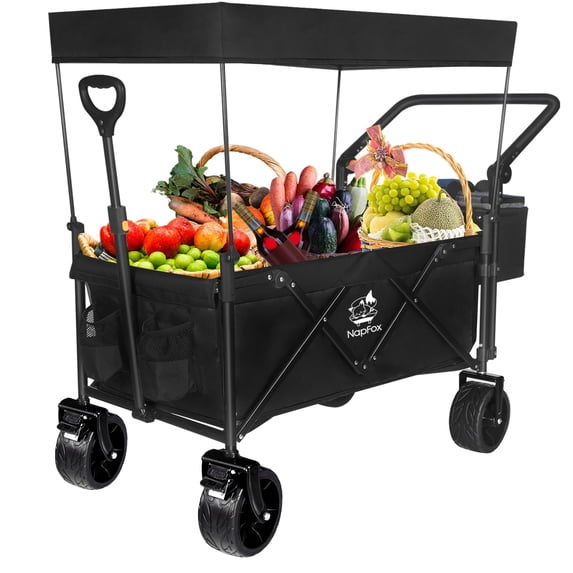 E-Western Collapsible 140L Wagon with Removable Canopy, Foldable, Wheeled for All-Terrain, Cooler Bag, Camping, Beach, Shopping, Black