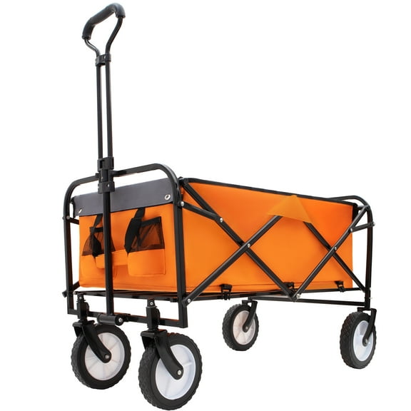E-Western Collapsible Foldable Garden Wagon Cart with 360° Wheels and Strapping System Orange - Heavy Duty Utility Cart for Gardening Beach Shopping Camping