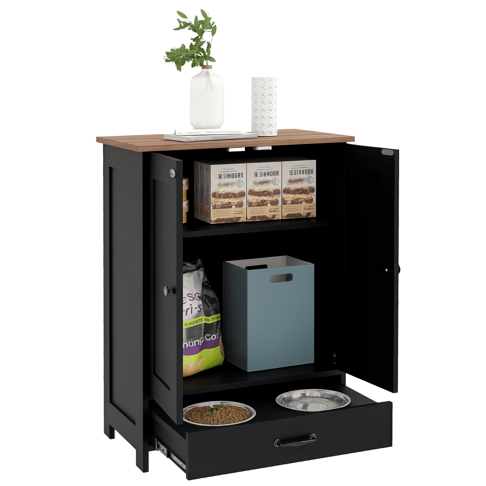 E-Western Dog Feeding Station with Hidden Bowls, Adjustable Storage Cabinet, Hooks for Medium Dogs, Black