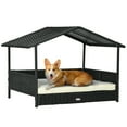 thumbnail image 1 of E-Western Dog House Outdoor Canopy Bed, Water-Resistant Cushion, for Small & Medium Dogs, Cream White, Durable Rattan, Elevated, Indoor/Outdoor Use, Easy to Clean, 1 of 8