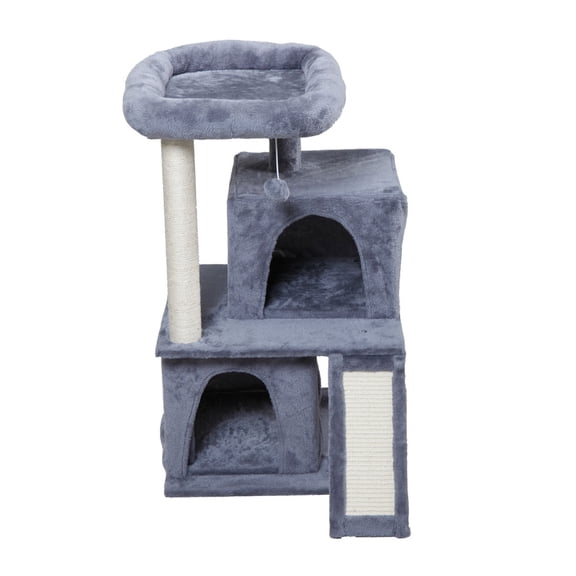 E-Western Double-Layer Grey Cat Tree with House and Ladder Sturdy Particleboard and Plush Accessories for Pet Fun