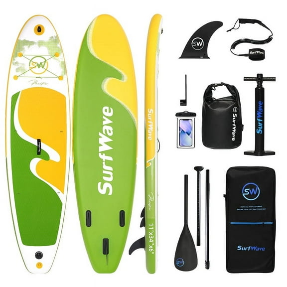 E-Western Inflatable 11' Stand Up Paddle Board - Lightweight, Durable PVC, Light Green Multi, Accessories Included, 37"x15"x11" for All-Level Water Sports Enthusiasts