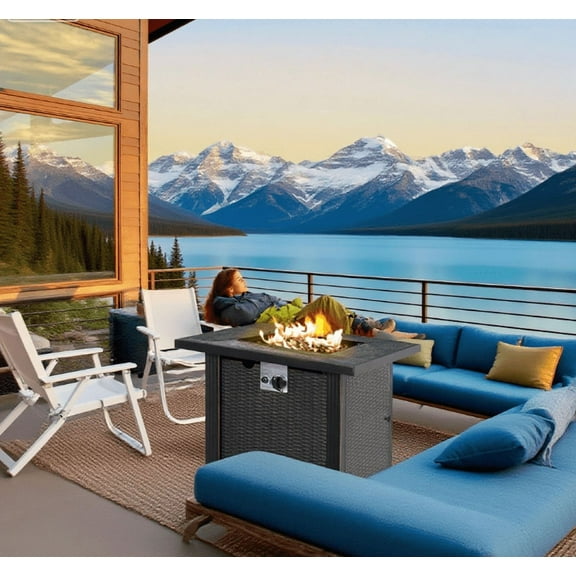E-Western Outdoor Propane Gas Fire Pit Table with Auto-Ignition Square Wicker Effect Gas Firepit and Ceramic Top, Waterproof Cover, 50,000 Btu