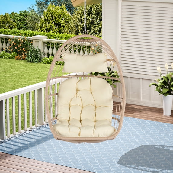 E-Western Outdoor Rattan Egg Swing Chair Hanging Chair with Wood Frame, Khaki | Patio, Garden & Indoor Use, Modern Design, Waterproof Cushion, 360lbs Load Capacity