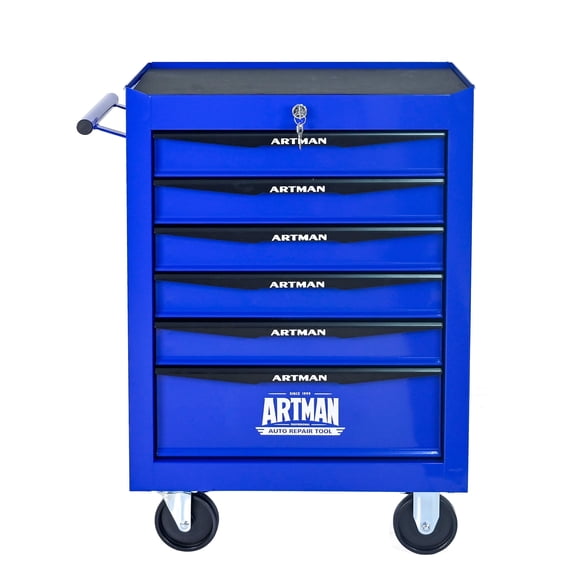 E-Western Rolling Metal Tool Chest with 6 Drawers 20 Inch Steel Storage Cabinet Black Blue Ball Bearing Slides Locking Wheels
