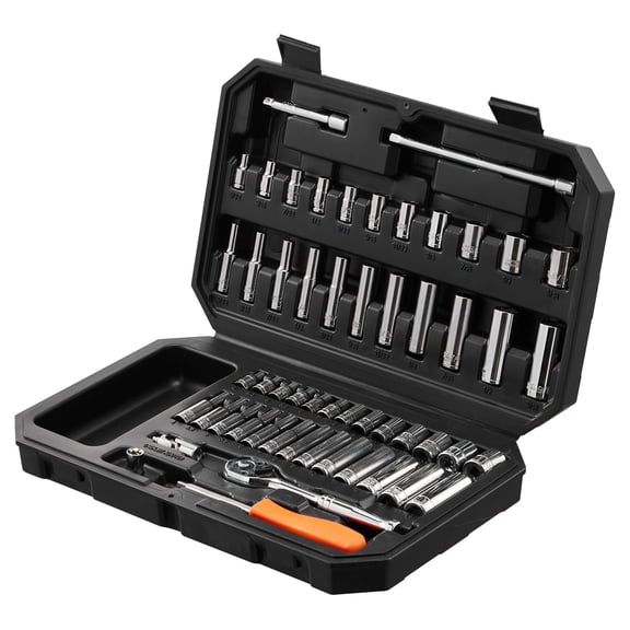 E-Western Socket Set 1/4 Inch Drive 54-Piece Tool Kit with SAE and Metric Deep and Standard Sockets in Storage Case Durable Steel Natural Finish