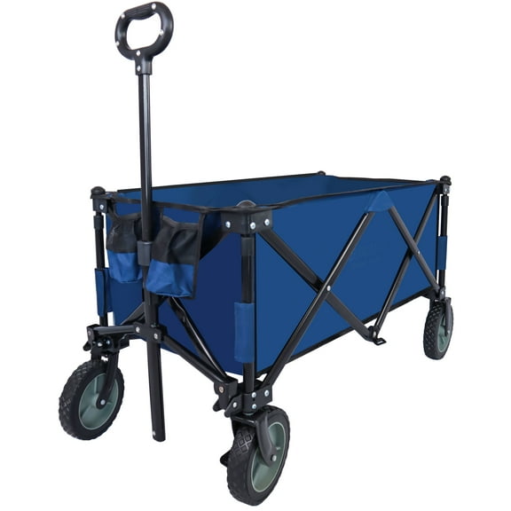 E-Western Utility Collapsible Folding Wagon Cart Heavy Duty Foldable Beach Wagon, Portable Garden Cart with Removable Fabric, Large Capacity Multi-Terrain, Dark Blue