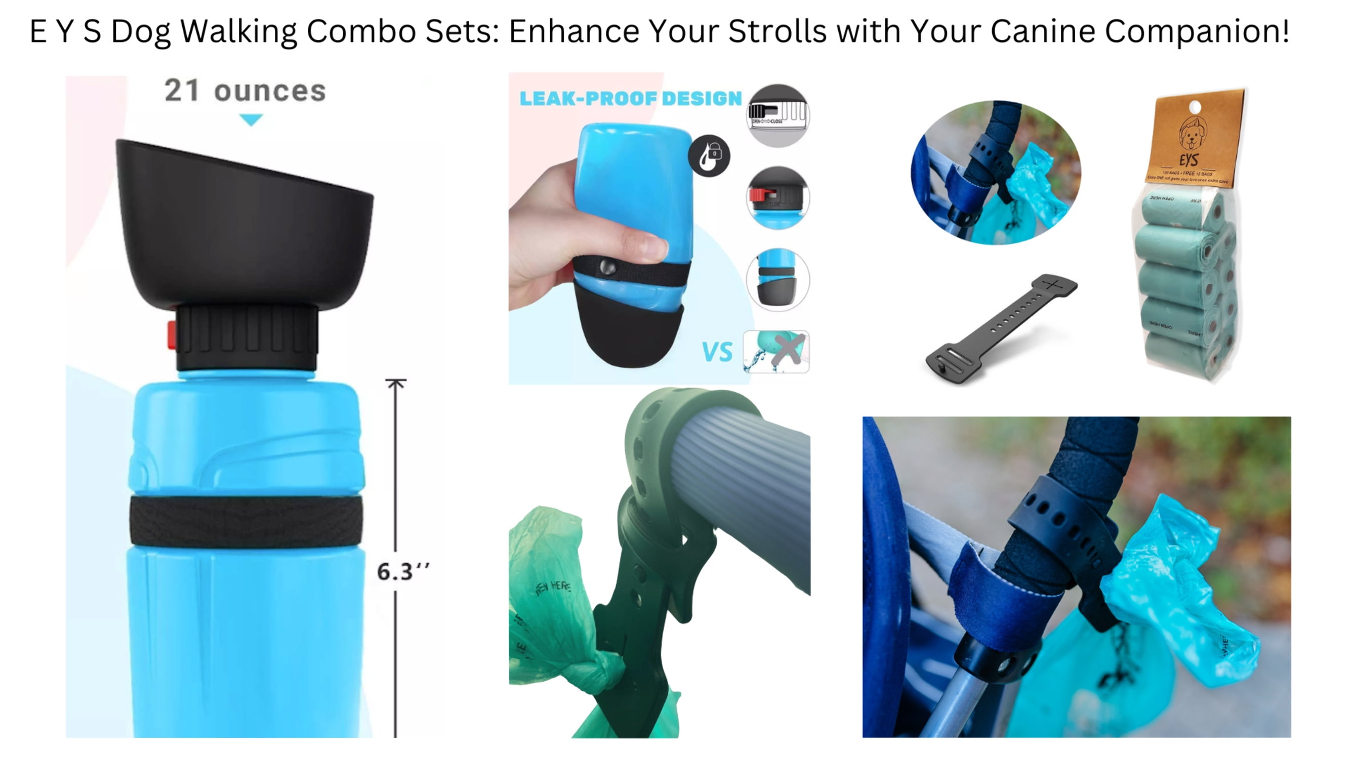 E Y S Ultimate Dog Walking Combo: Eco-Friendly Poop Bags (120 Count), Convenient Waste Bag Carrier  Collapsible Flip-Top Water Bottle Set