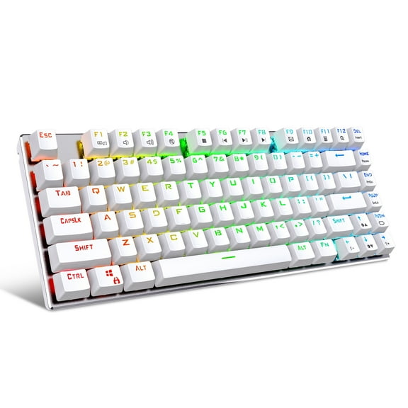 E-Yooso Z-88 RGB Mechanical Gaming Keyboard, Metal Panel, Red Switches, 75% Compact 81 Keys for Mac, PC, Silver and White