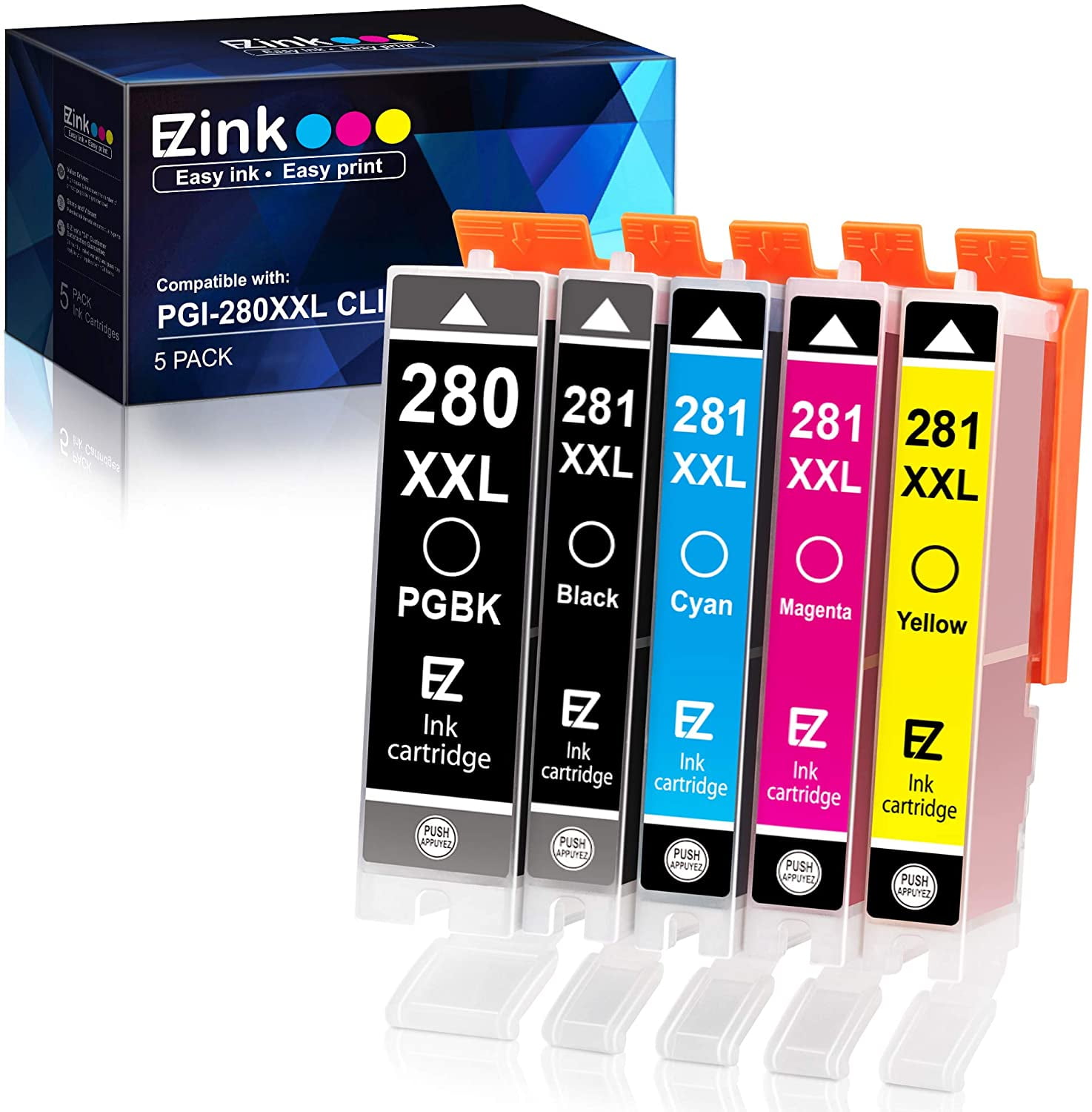 E-Z Ink 280XXL 281XXL Ink Cartridge Replacement for Canon PGI-280XXL  CLI-281XXL 280 XXL 281 XXL Compatible with PIXMA TR7520 TR8520 TS6120  TS6220 TS8120 TS8220 TS9120 TS9520 TS6320 (5 Pack)