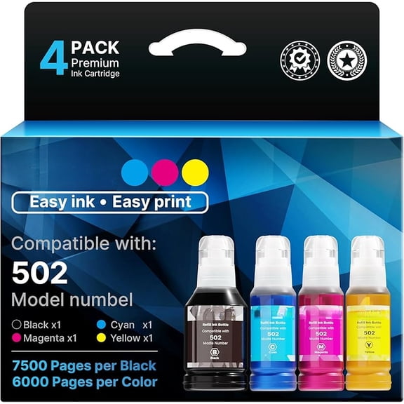 E-Z Ink Compatible 502 Ink Refill Bottles Compatible for Epson 502 Ink Refill Bottles T502 522 T522 High Capacity to Use with Epson ET-3850 ET-2850 ET-4850 ET-2800 ET-2760 ET-3760(5 Bottles)