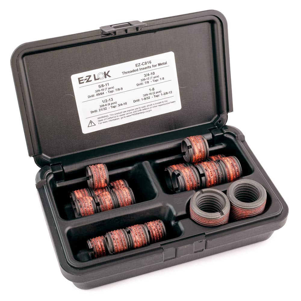 E-Z LOK - EZ-C816 Threaded Inserts For Metal; Assortment Kit; Carbon Steel; Heavy Wall; UNC Internal Threads, 1/2-13, 5/8-11, 3/4-10, 1-8; 22 pieces CA2