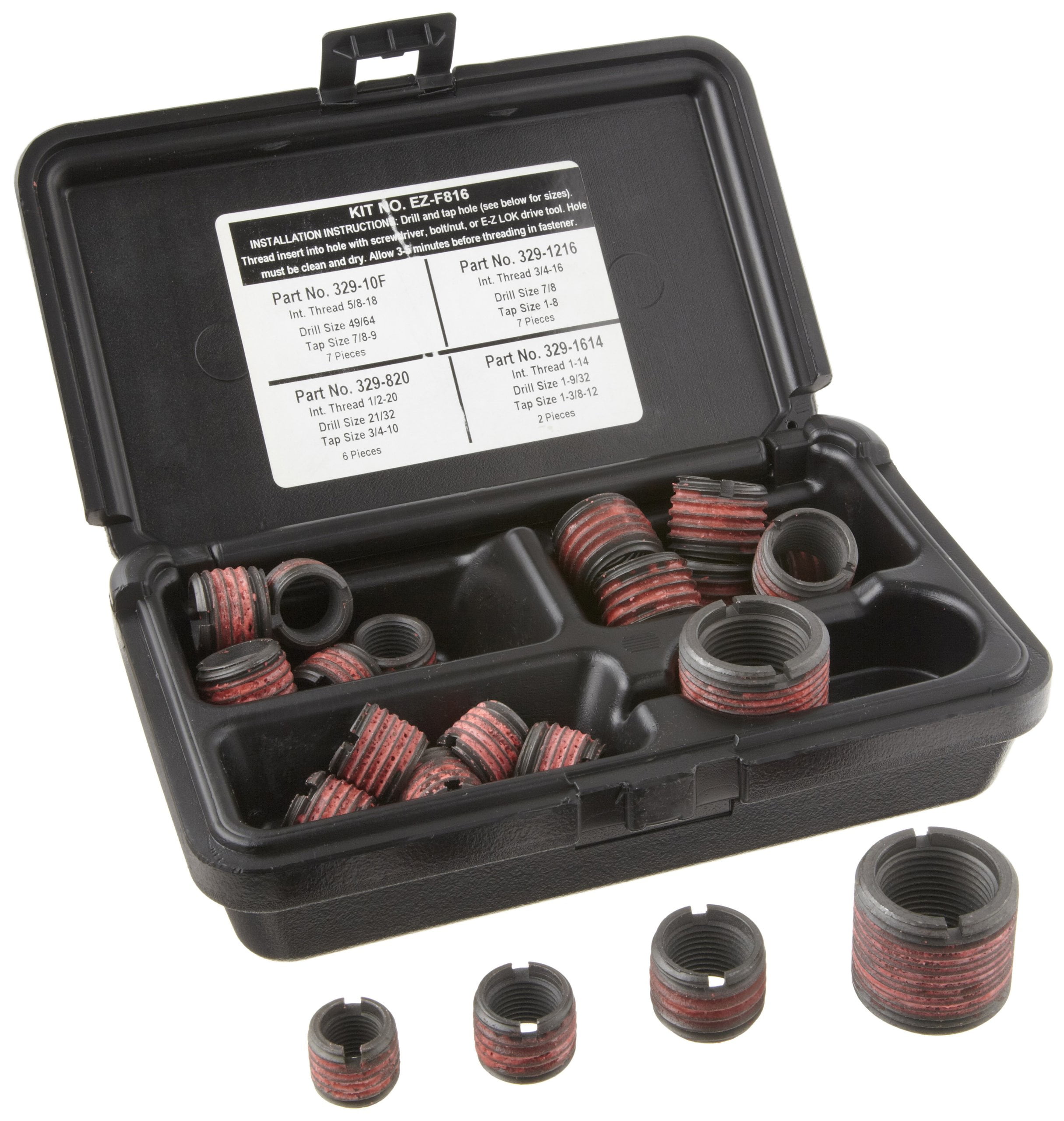 E-Z LOK - EZ-F816 Threaded Inserts For Metal; Assortment Kit; Carbon Steel; Heavy Wall; UNF Internal Threads, 1/2-20, 5/8-18, 3/4-16, 1-14; 22 pieces CA2